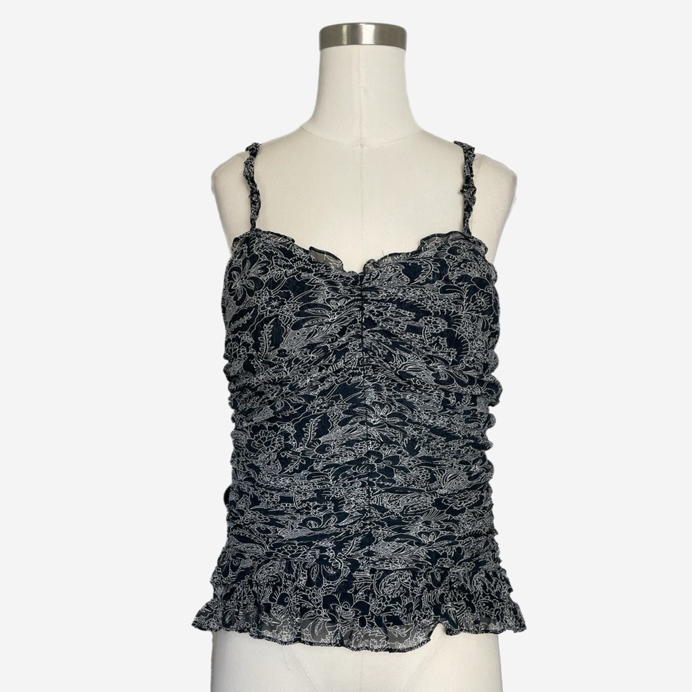 Vintage Y2K ICE Black and white floral silk ruched ruffle top garden whimsical M